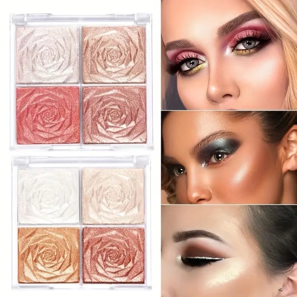 4-Shade Rose Embossed Highlighter Palette – Long-Lasting Face & Body Glow Powder